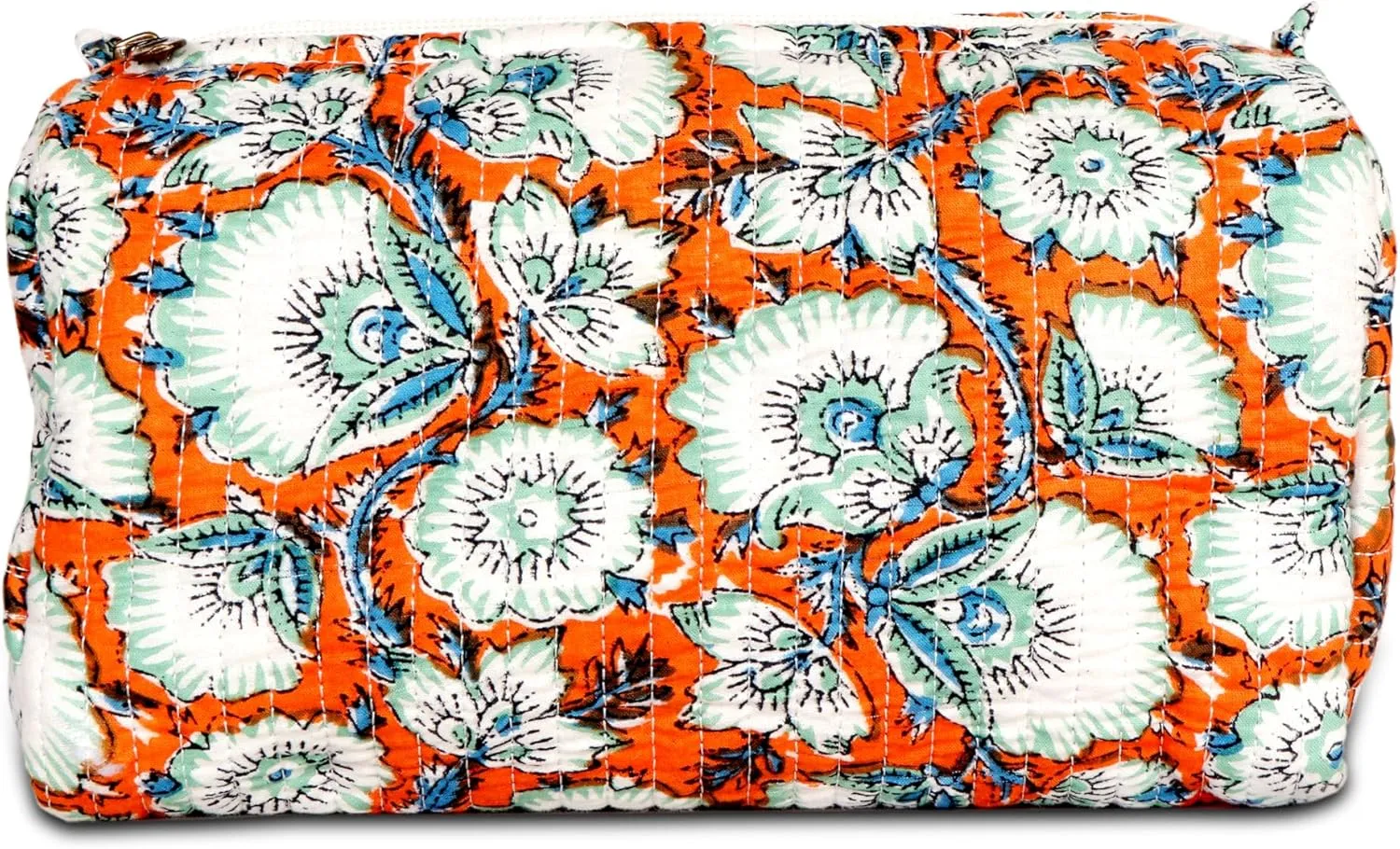 Quilted Makeup Bag, 3 PCS Cotton Large Travel Makeup Bag, Cute Floral Coquette Make up Bag Cosmetic Bag Toiletry Bag for Women Girls Orange