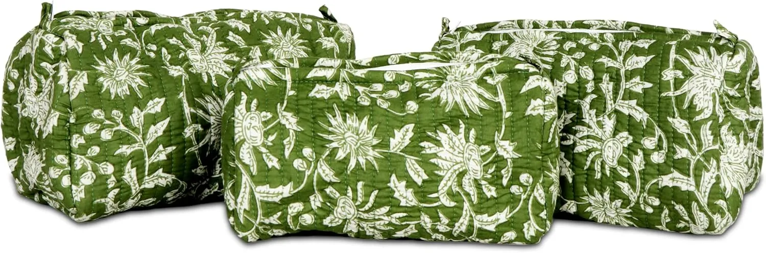 Quilted Makeup Bag, 3PCS Cotton Large Travel Makeup Bag, Cute Floral Coquette Make up Bag Cosmetic Bag Toiletry Bag for Women Girls Gifts & Everyday Personal Use Green Botanical Print