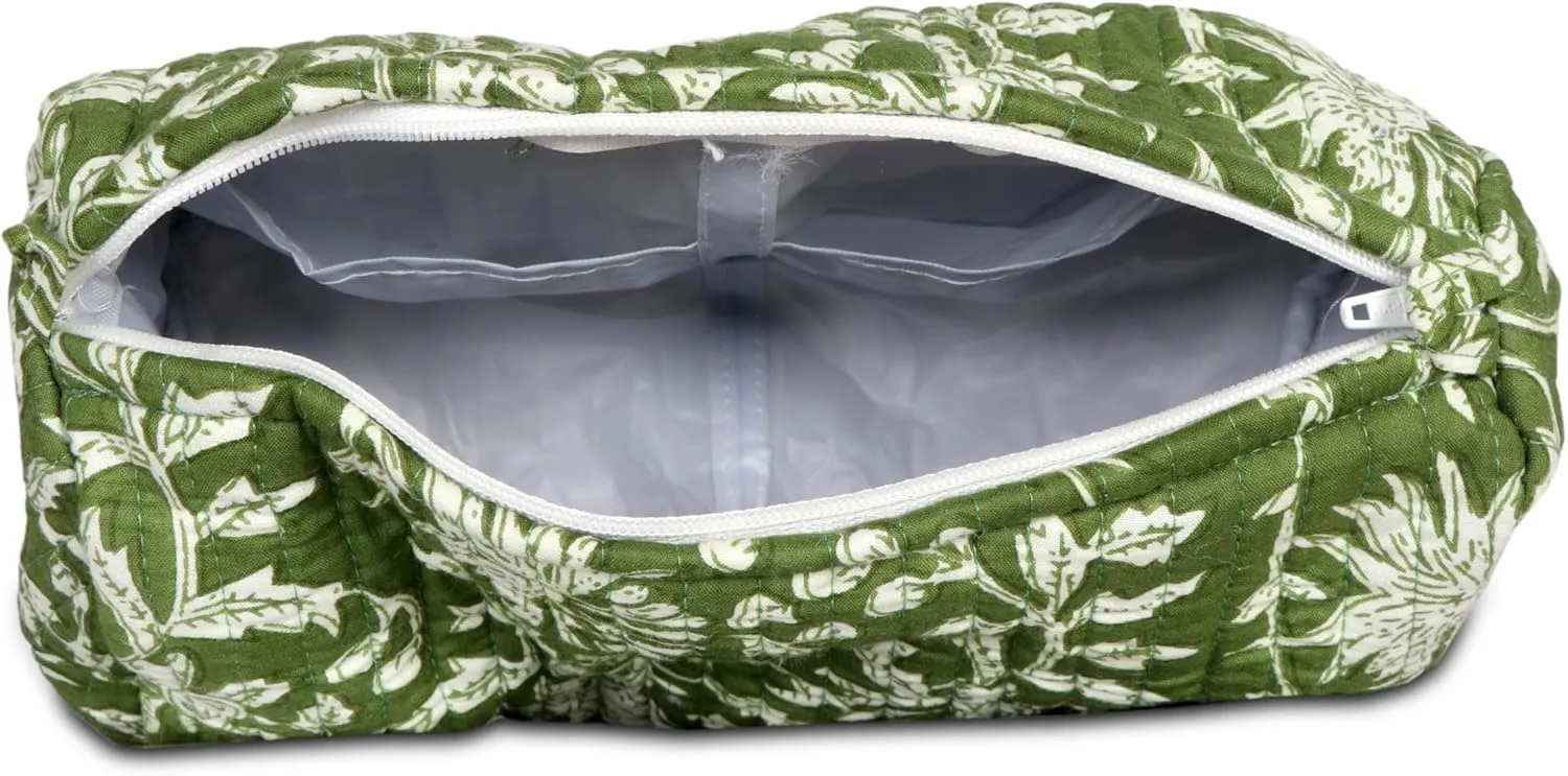 Quilted Makeup Bag, 3PCS Cotton Large Travel Makeup Bag, Cute Floral Coquette Make up Bag Cosmetic Bag Toiletry Bag for Women Girls Gifts & Everyday Personal Use Green Botanical Print
