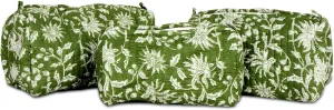 Quilted Makeup Bag, 3PCS Cotton Large Travel Makeup Bag, Cute Floral Coquette Make up Bag Cosmetic Bag Toiletry Bag for Women Girls Gifts & Everyday Personal Use Green Botanical Print