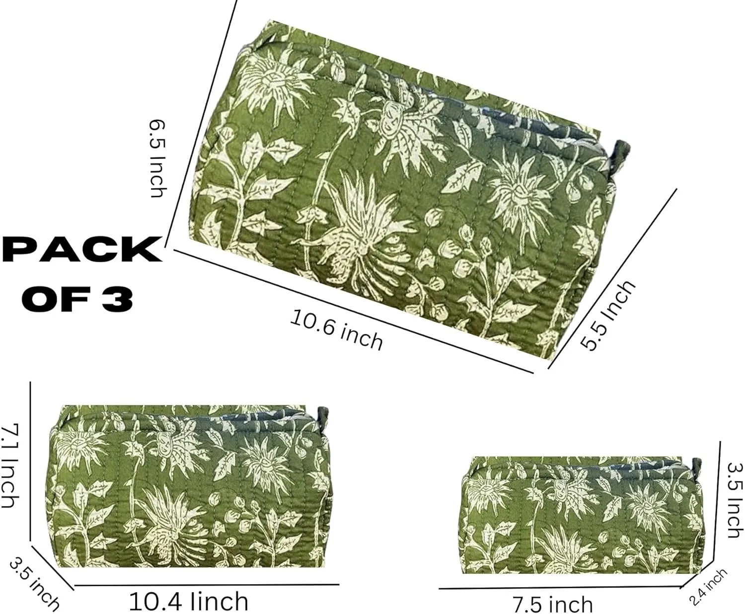 Quilted Makeup Bag, 3PCS Cotton Large Travel Makeup Bag, Cute Floral Coquette Make up Bag Cosmetic Bag Toiletry Bag for Women Girls Gifts & Everyday Personal Use Green Botanical Print