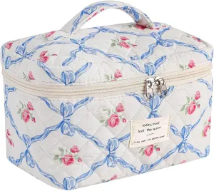 Quilted Makeup Bag, Cute Cosmetic Bags for Women,Large Floral Makeup Bag, Coquette Aesthetic Travel Toiletry Bag