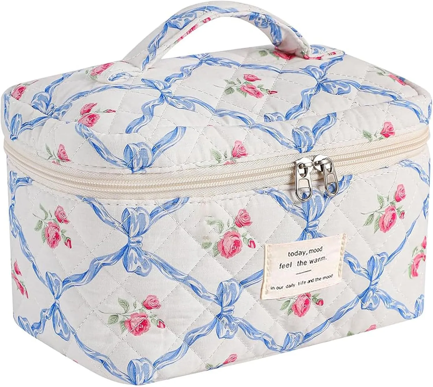 Quilted Makeup Bag, Cute Cosmetic Bags for Women,Large Floral Makeup Bag, Coquette Aesthetic Travel Toiletry Bag
