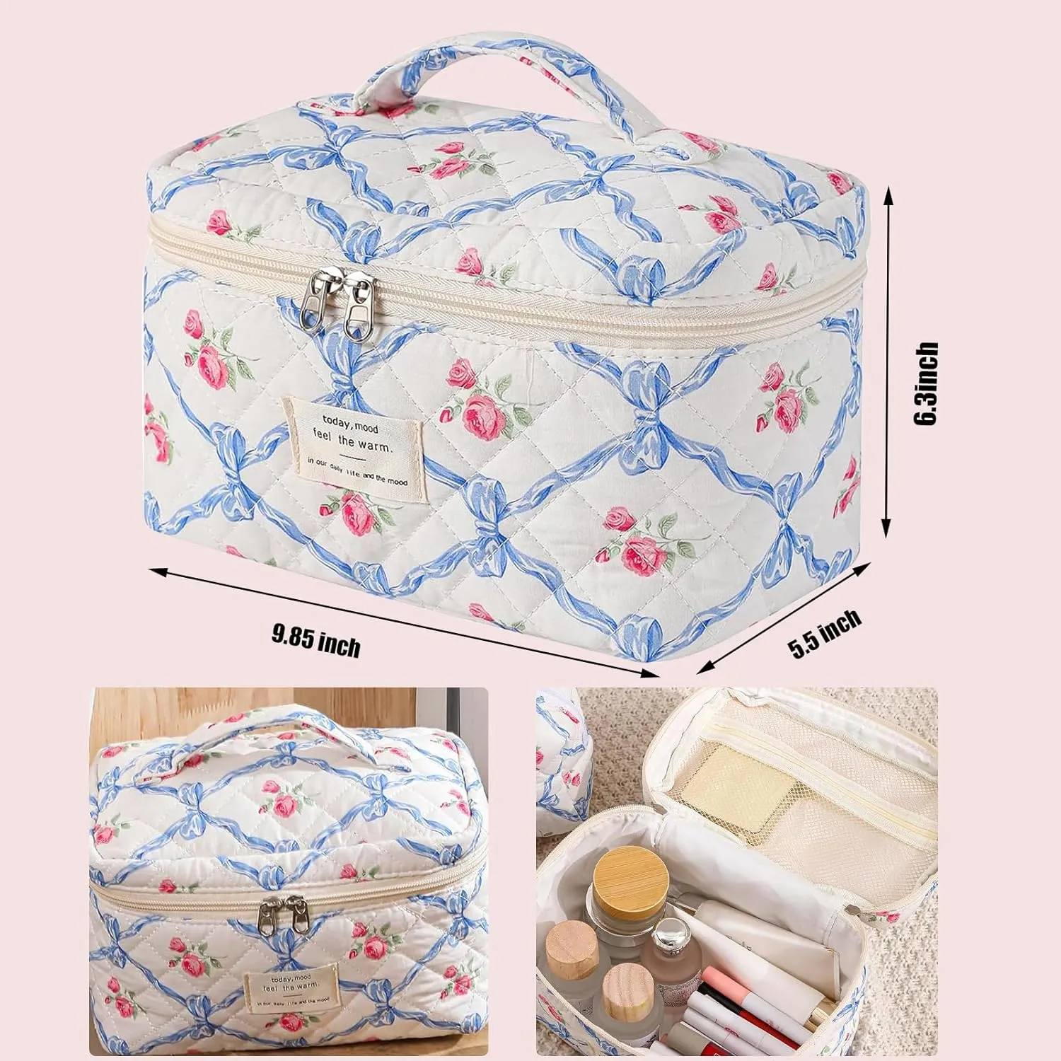 Quilted Makeup Bag, Cute Cosmetic Bags for Women,Large Floral Makeup Bag, Coquette Aesthetic Travel Toiletry Bag