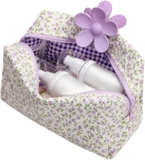 Quilted Makeup Bag, Floral Cosmetic Bag Cute Handmade Aesthetic Pink Toiletry Bag Flower Coquette Accessories Cotton Pouch for Women（Purple Medium）