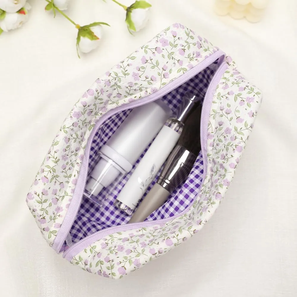 Quilted Makeup Bag, Floral Cosmetic Bag Cute Handmade Aesthetic Pink Toiletry Bag Flower Coquette Accessories Cotton Pouch for Women（Purple Medium）