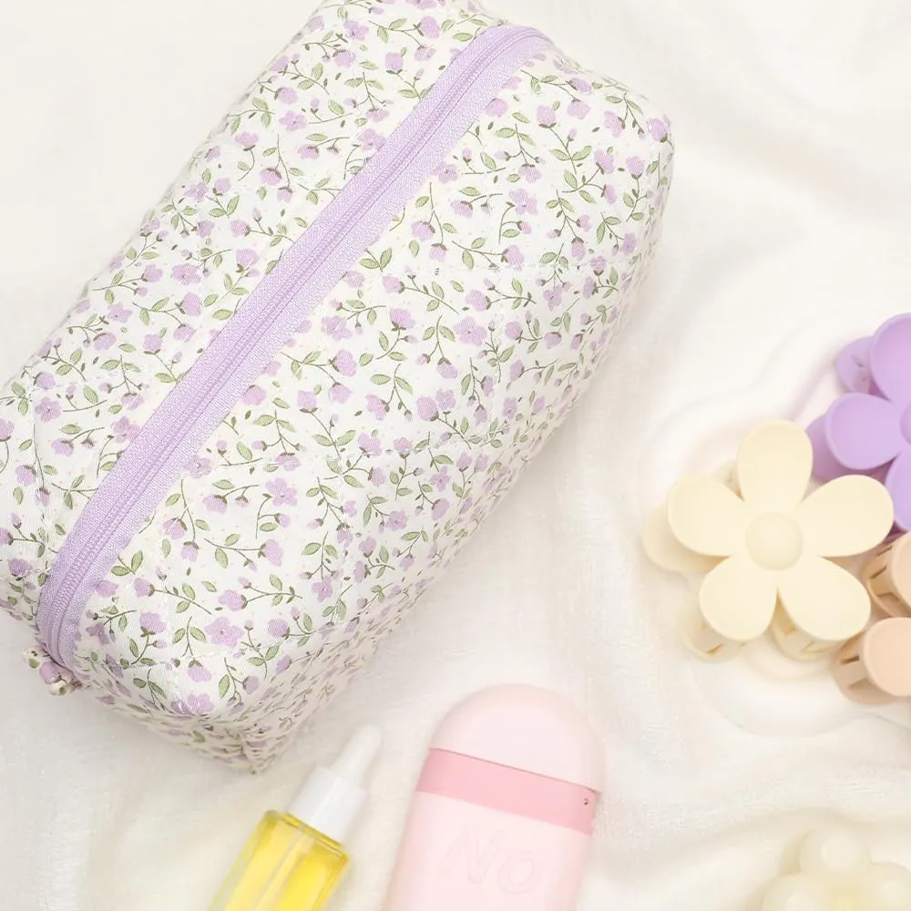 Quilted Makeup Bag, Floral Cosmetic Bag Cute Handmade Aesthetic Pink Toiletry Bag Flower Coquette Accessories Cotton Pouch for Women（Purple Medium）