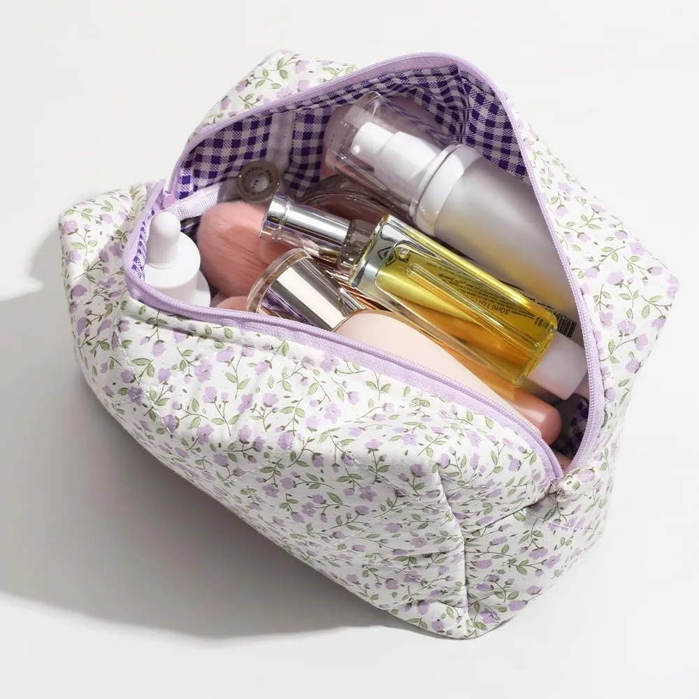 Quilted Makeup Bag, Floral Cosmetic Bag Cute Handmade Aesthetic Pink Toiletry Bag Flower Coquette Accessories Cotton Pouch for Women（Purple Medium）