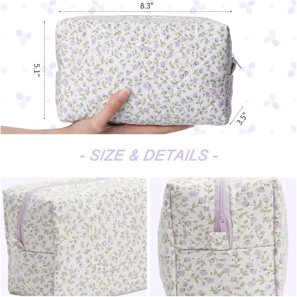 Quilted Makeup Bag, Floral Cosmetic Bag Cute Handmade Aesthetic Pink Toiletry Bag Flower Coquette Accessories Cotton Pouch for Women（Purple Medium）