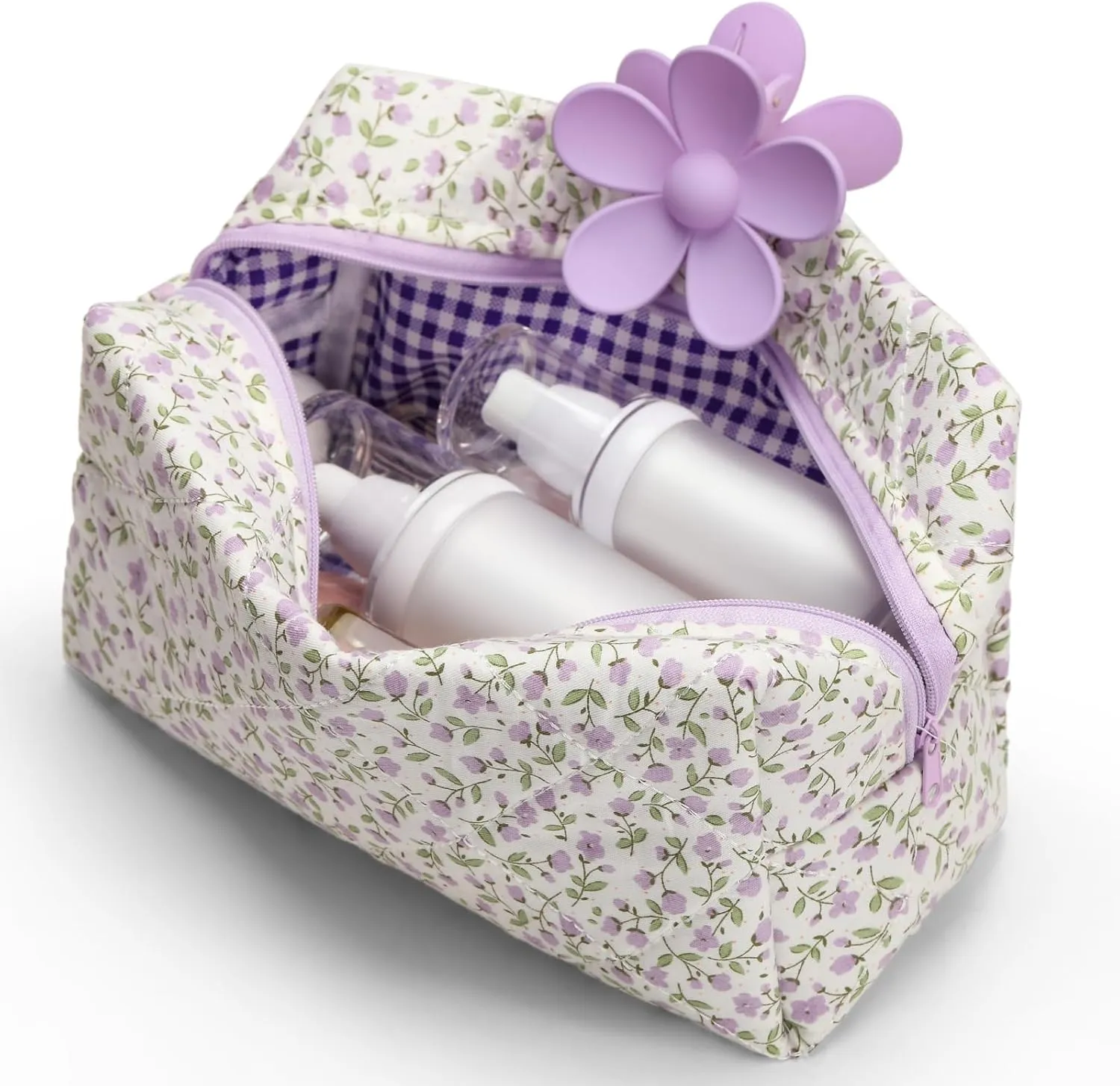 Quilted Makeup Bag, Floral Cosmetic Bag Cute Handmade Aesthetic Pink Toiletry Bag Flower Coquette Accessories Cotton Pouch for Women（Purple Medium）