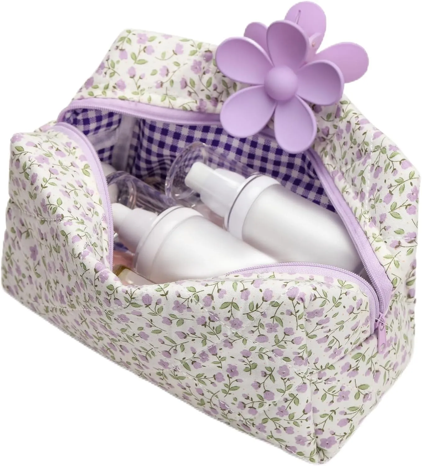 Quilted Makeup Bag, Floral Cosmetic Bag Cute Handmade Aesthetic Pink Toiletry Bag Flower Coquette Accessories Cotton Pouch for Women（Purple Medium）