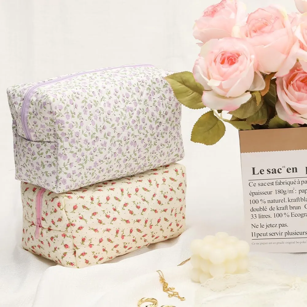 Quilted Makeup Bag, Floral Cosmetic Bag Cute Handmade Aesthetic Pink Toiletry Bag Flower Coquette Accessories Cotton Pouch for Women（Purple Medium）