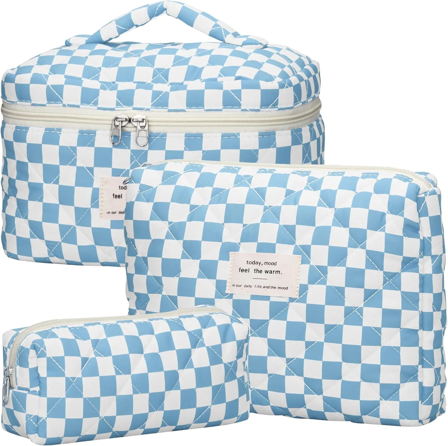 Quilted Makeup Bag Set - 3 PCS Cute Floral Cotton Makeup Bag, Large Coquette Aesthetic Make up Cosmetic Bag, Flower Travel Toiletry Organizer Bags for Women Girls (Checkered Blue)