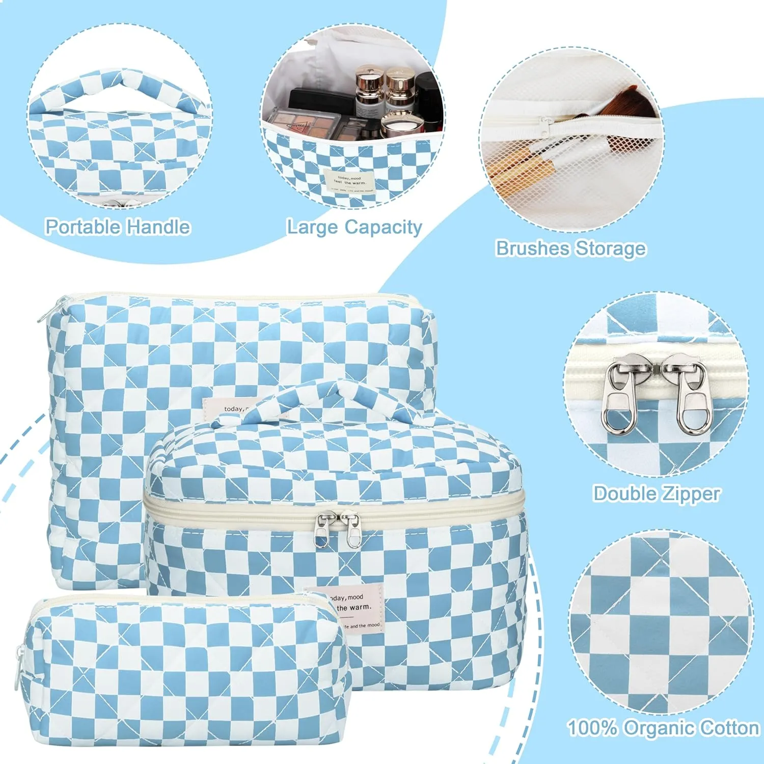 Quilted Makeup Bag Set - 3 PCS Cute Floral Cotton Makeup Bag, Large Coquette Aesthetic Make up Cosmetic Bag, Flower Travel Toiletry Organizer Bags for Women Girls (Checkered Blue)