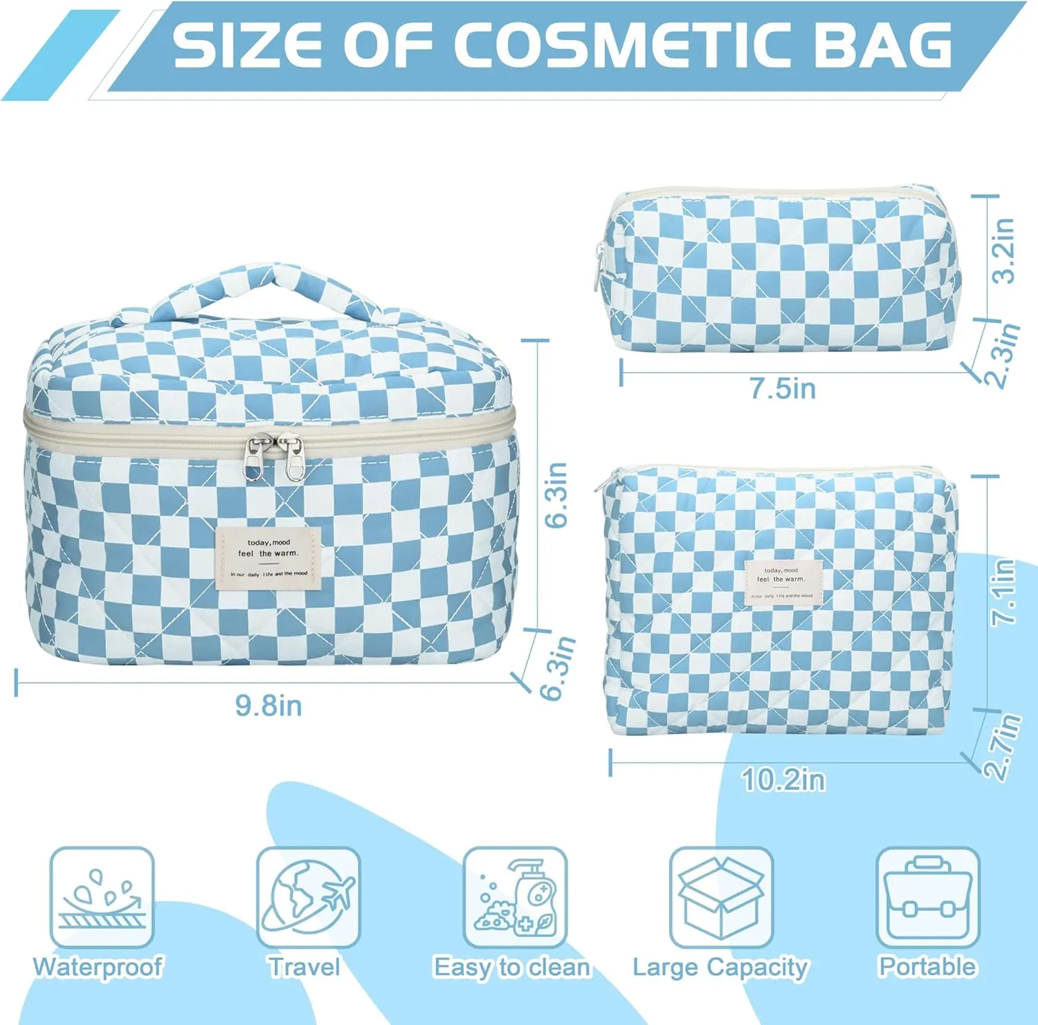 Quilted Makeup Bag Set - 3 PCS Cute Floral Cotton Makeup Bag, Large Coquette Aesthetic Make up Cosmetic Bag, Flower Travel Toiletry Organizer Bags for Women Girls (Checkered Blue)