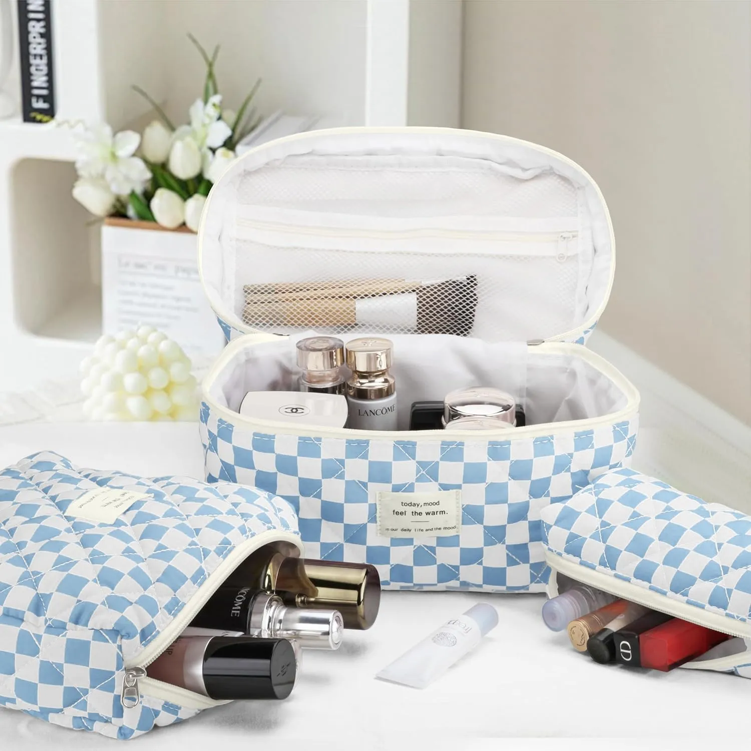 Quilted Makeup Bag Set - 3 PCS Cute Floral Cotton Makeup Bag, Large Coquette Aesthetic Make up Cosmetic Bag, Flower Travel Toiletry Organizer Bags for Women Girls (Checkered Blue)