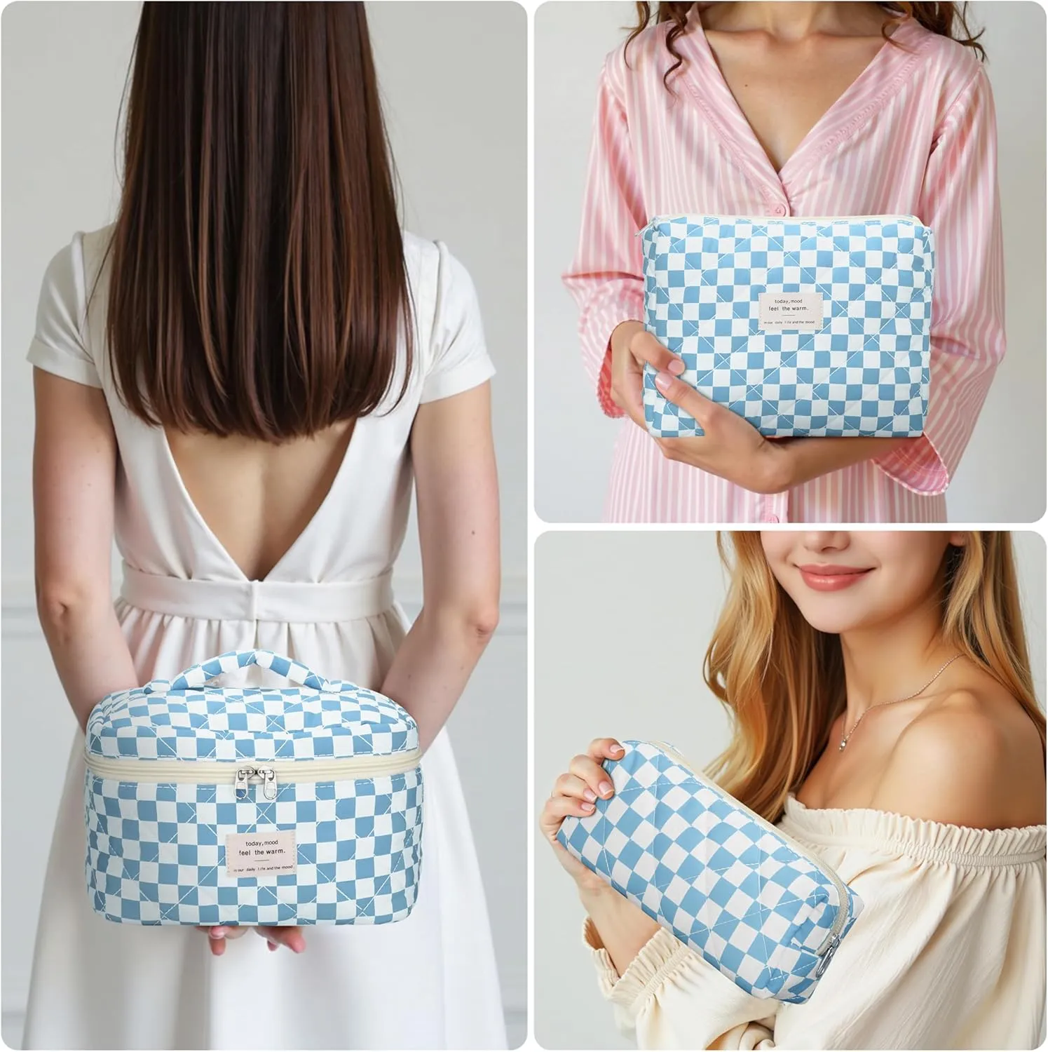 Quilted Makeup Bag Set - 3 PCS Cute Floral Cotton Makeup Bag, Large Coquette Aesthetic Make up Cosmetic Bag, Flower Travel Toiletry Organizer Bags for Women Girls (Checkered Blue)