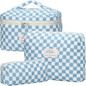 Quilted Makeup Bag Set - 3 PCS Cute Floral Cotton Makeup Bag, Large Coquette Aesthetic Make up Cosmetic Bag, Flower Travel Toiletry Organizer Bags for Women Girls (Checkered Blue)