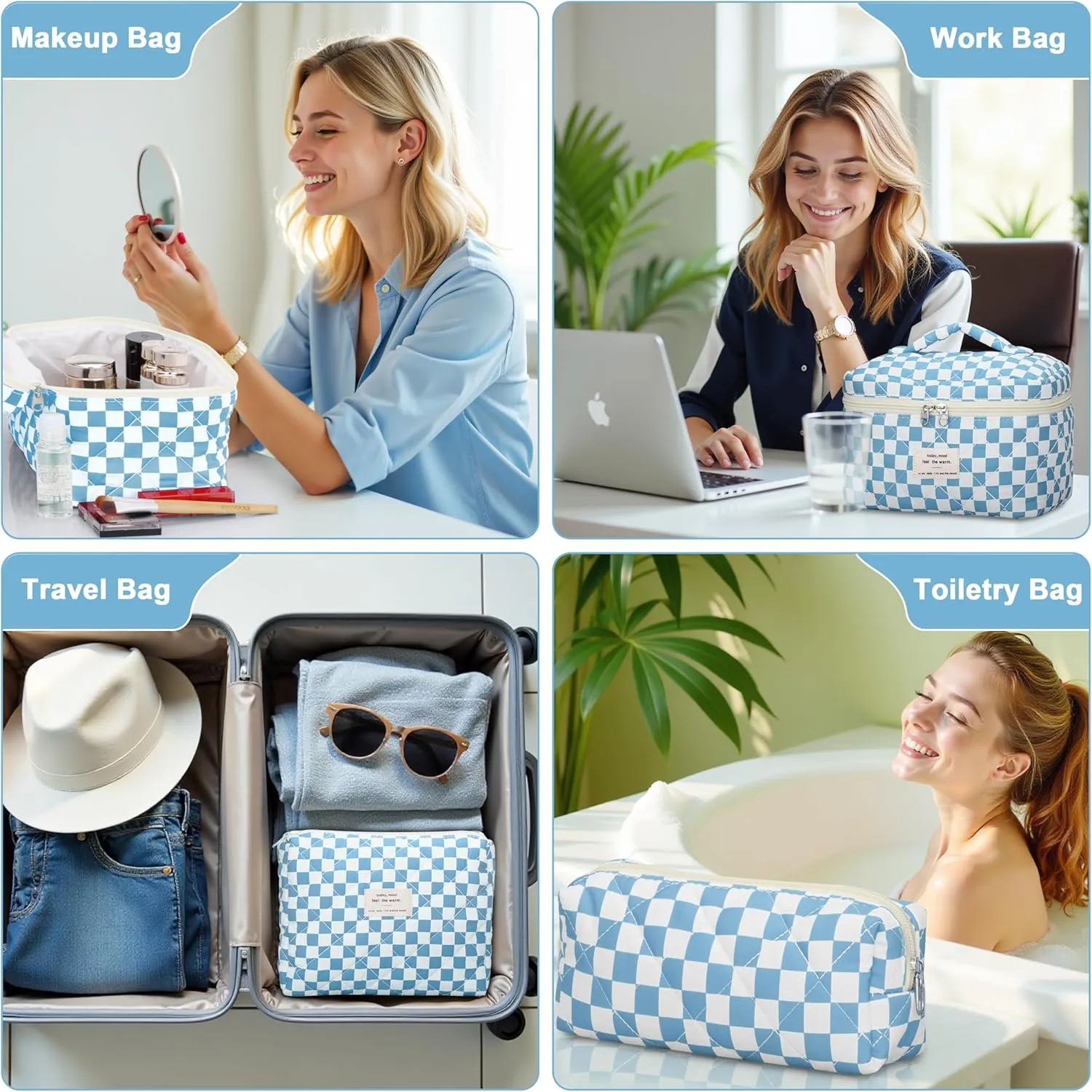 Quilted Makeup Bag Set - 3 PCS Cute Floral Cotton Makeup Bag, Large Coquette Aesthetic Make up Cosmetic Bag, Flower Travel Toiletry Organizer Bags for Women Girls (Checkered Blue)