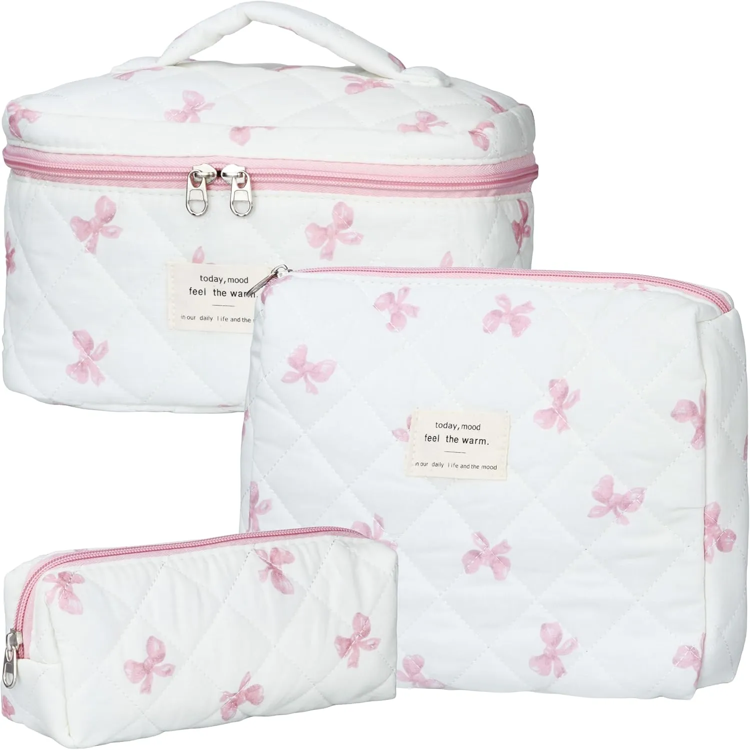 Quilted Makeup Bag Set - 3 PCS Cute Floral Cotton Makeup Bag, Large Coquette Aesthetic Make up Cosmetic Bag, Flower Travel Toiletry Organizer Bags for Women Girls
