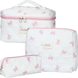 Quilted Makeup Bag Set - 3 PCS Cute Floral Cotton Makeup Bag, Large Coquette Aesthetic Make up Cosmetic Bag, Flower Travel Toiletry Organizer Bags for Women Girls