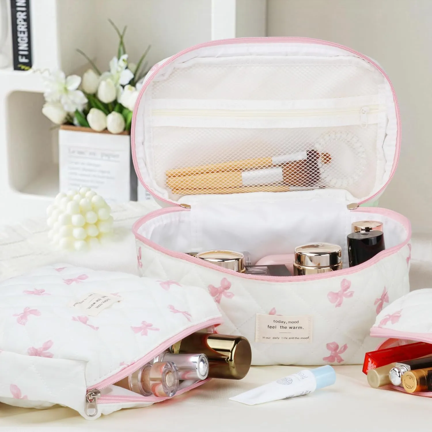 Quilted Makeup Bag Set - 3 PCS Cute Floral Cotton Makeup Bag, Large Coquette Aesthetic Make up Cosmetic Bag, Flower Travel Toiletry Organizer Bags for Women Girls