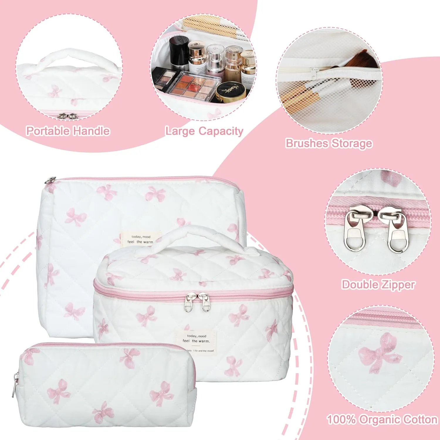 Quilted Makeup Bag Set - 3 PCS Cute Floral Cotton Makeup Bag, Large Coquette Aesthetic Make up Cosmetic Bag, Flower Travel Toiletry Organizer Bags for Women Girls