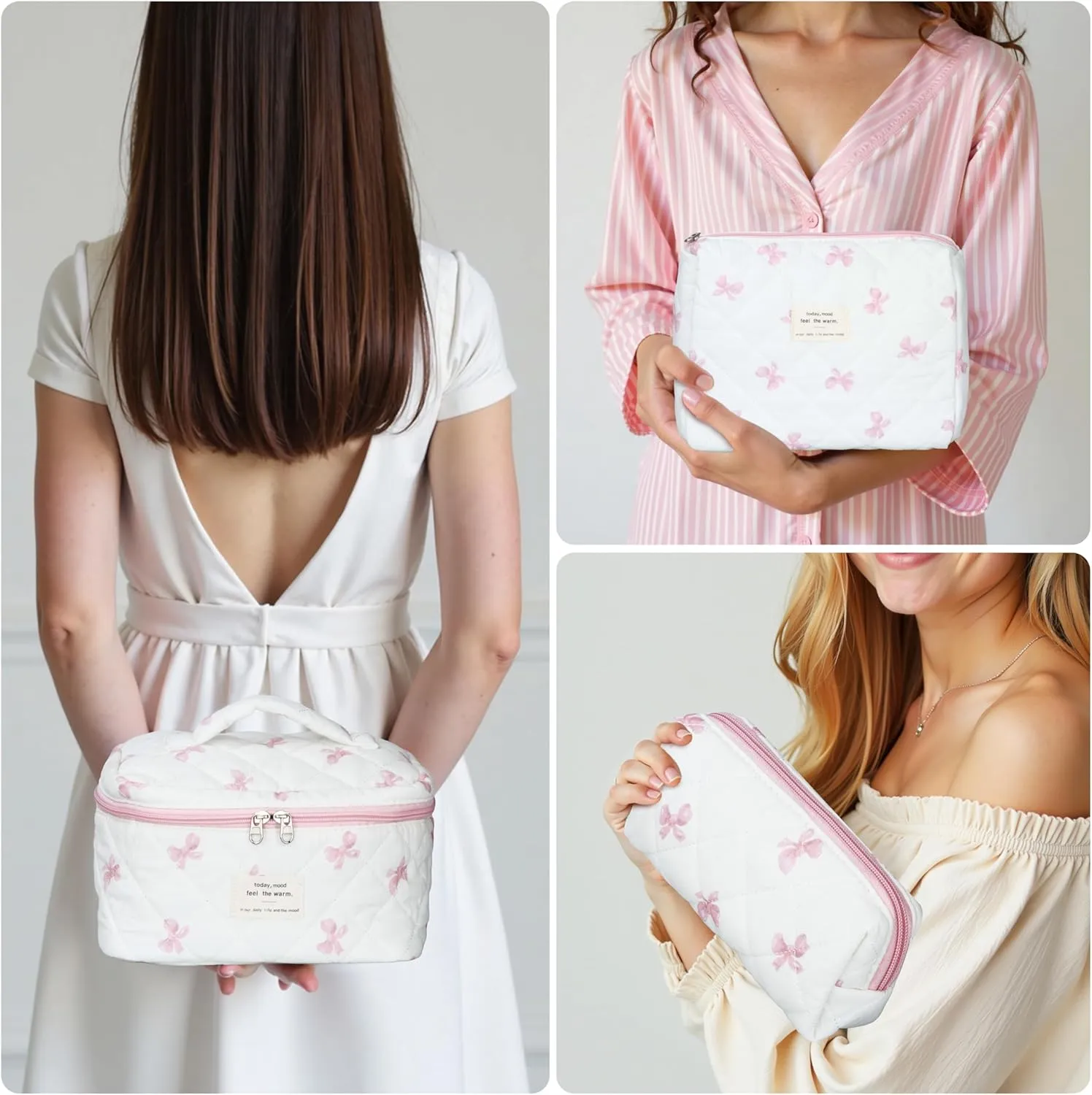Quilted Makeup Bag Set - 3 PCS Cute Floral Cotton Makeup Bag, Large Coquette Aesthetic Make up Cosmetic Bag, Flower Travel Toiletry Organizer Bags for Women Girls