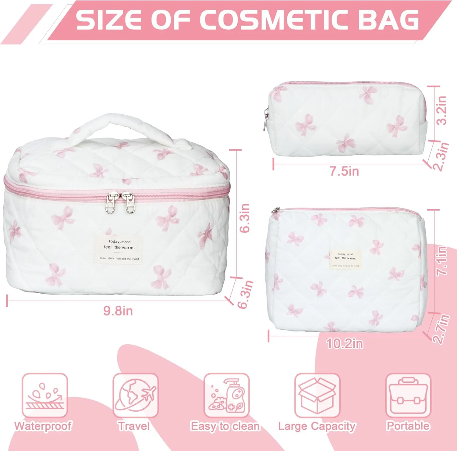Quilted Makeup Bag Set - 3 PCS Cute Floral Cotton Makeup Bag, Large Coquette Aesthetic Make up Cosmetic Bag, Flower Travel Toiletry Organizer Bags for Women Girls