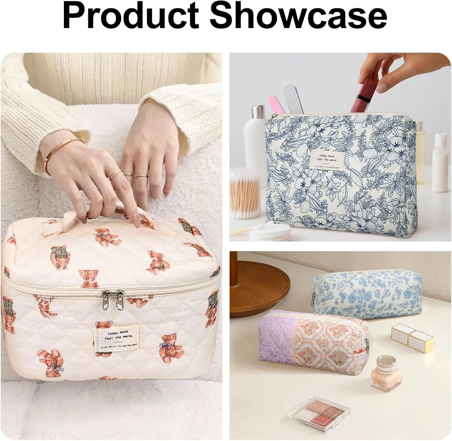 Quilted Makeup Bag,Large Cosmetics Bag Set,Coquette Floral Make up Pouch,Travel Toiletry Bag for Women