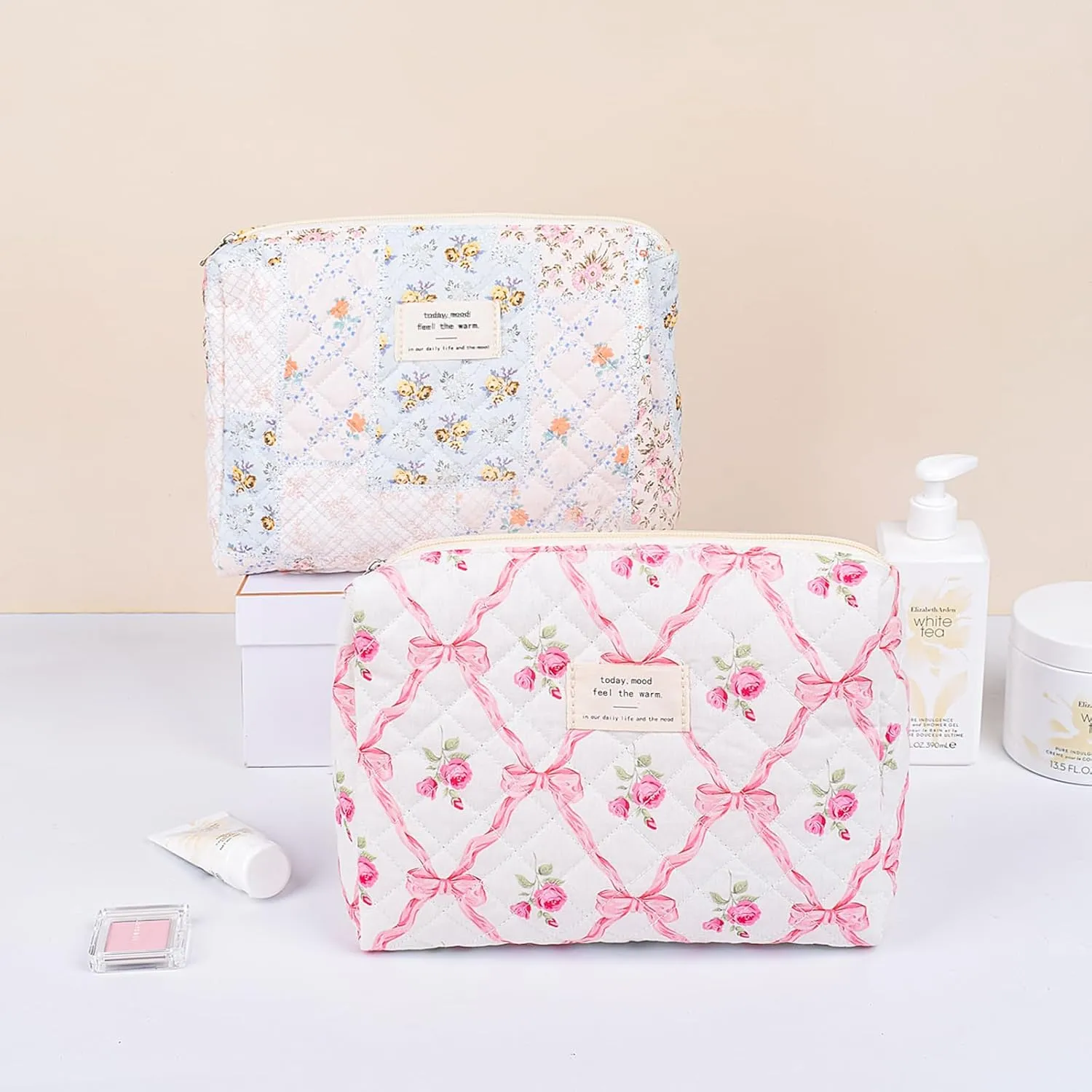 Quilted Makeup Bag,Large Cosmetics Bag Set,Coquette Floral Make up Pouch,Travel Toiletry Bag for Women