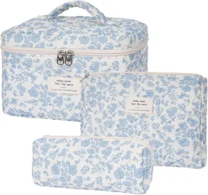 Quilted Makeup Bag,Large Cosmetics Bag Set,Coquette Floral Make up Pouch,Travel Toiletry Bag for Women