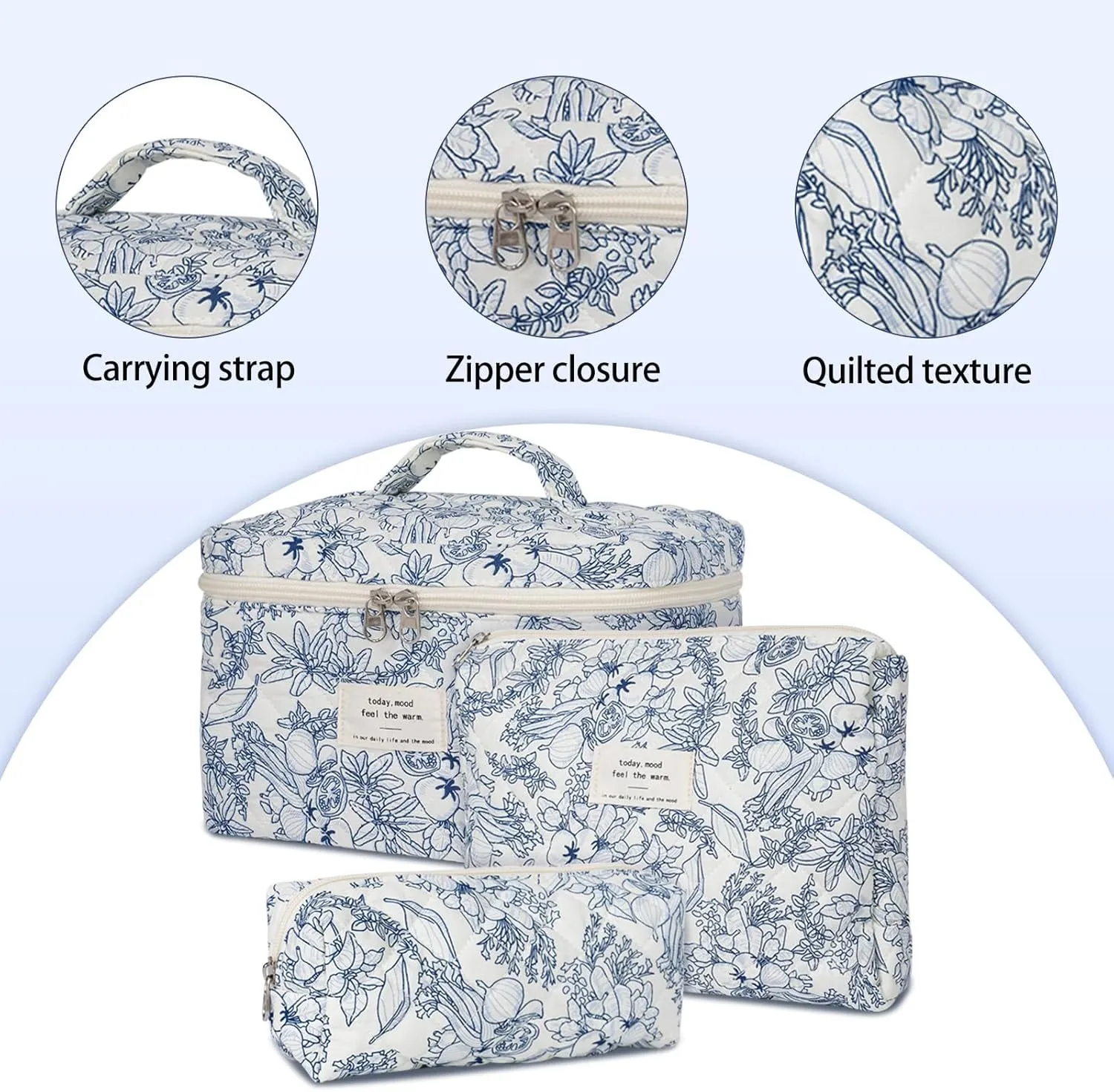 Quilted Makeup Bag,Large Cosmetics Bag Set,Coquette Floral Make up Pouch,Travel Toiletry Bag for Women