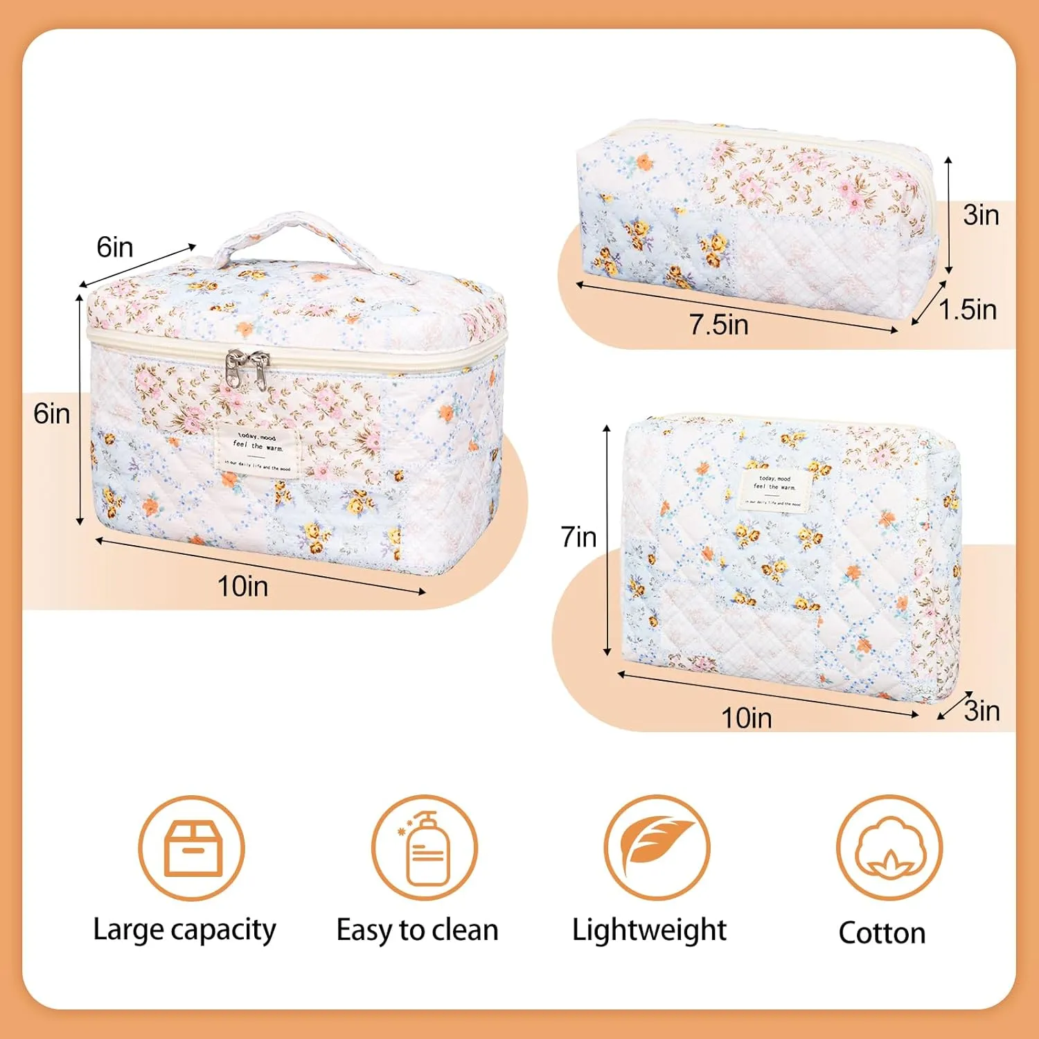Quilted Makeup Bag,Large Cosmetics Bag Set,Cotton Coquette Floral Make up Pouch,Travel Toiletry Bag for Women