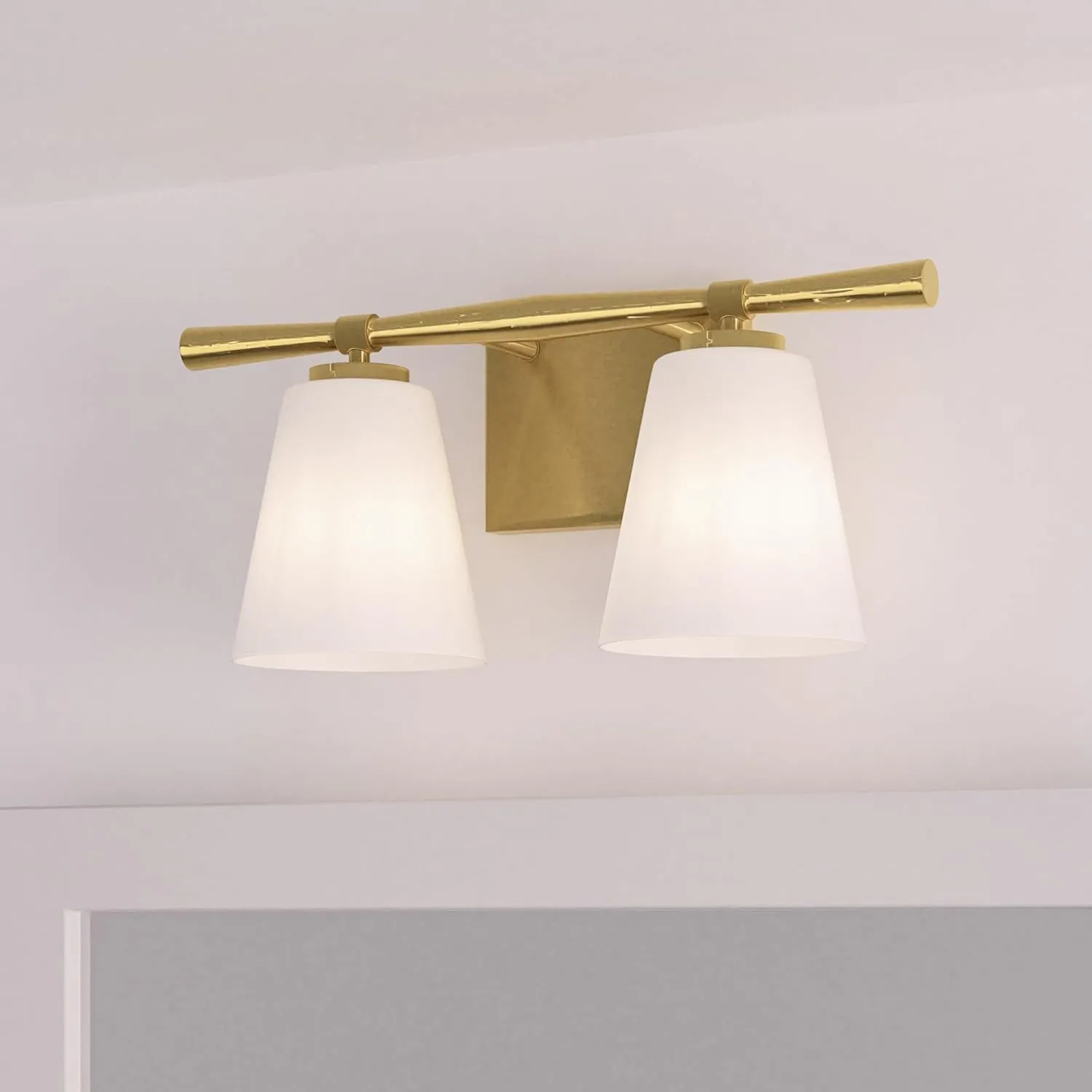 Quoizel Brindley Bath Vanity Lights, 16 Inch 2-Light Aged Brass Transitional Bathroom Lighting Fixtures Over Mirror, Opal Etched Glass Shades, Wall Mount Light for Bathroom