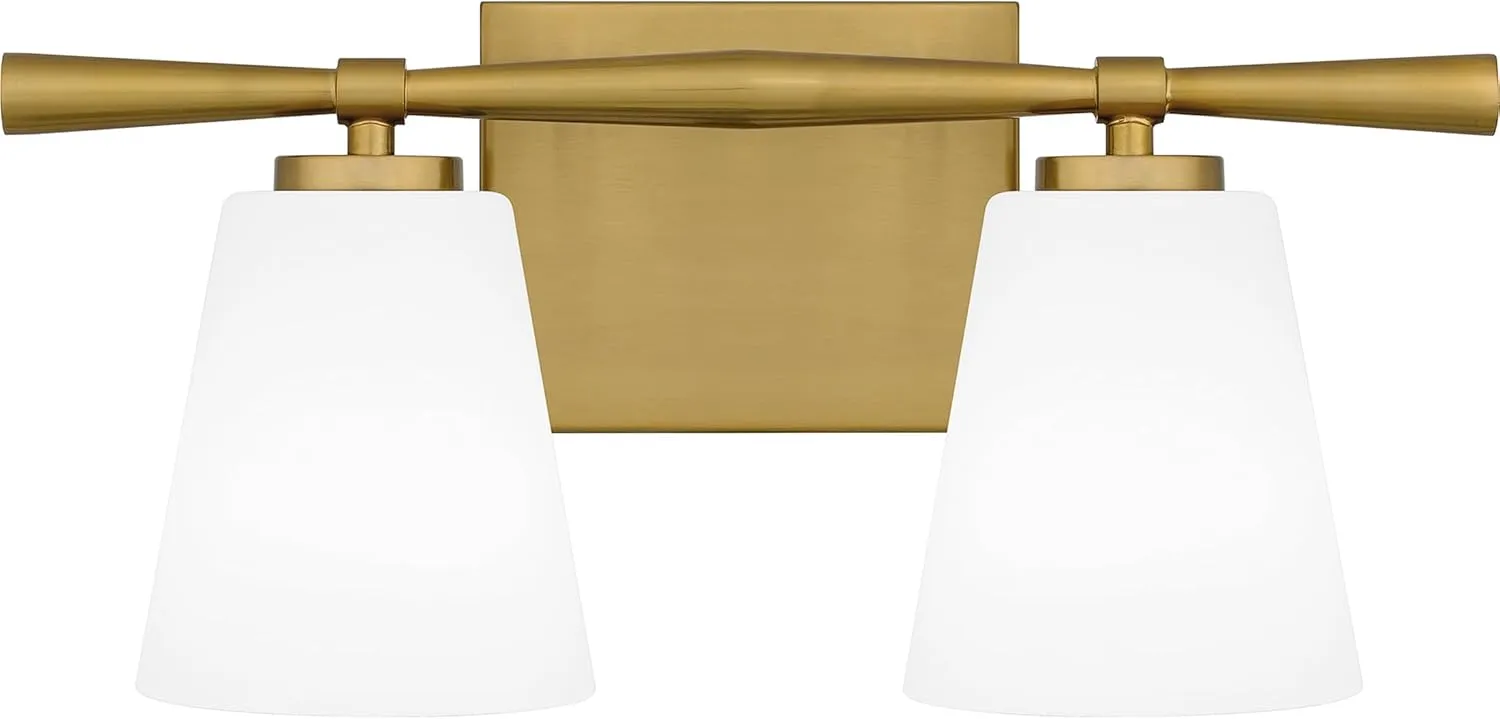 Quoizel Brindley Bath Vanity Lights, 16 Inch 2-Light Aged Brass Transitional Bathroom Lighting Fixtures Over Mirror, Opal Etched Glass Shades, Wall Mount Light for Bathroom