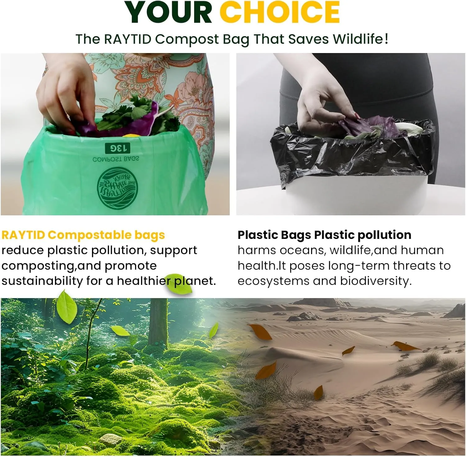 RAYTID 13   Gallon Compostable Trash Bags,70 Count, Extra Thick 1.1 Mil, Tall Kitchen Food Scrap Waste Bag, ASTM D6400, US BPI and OK Compost Home Certified