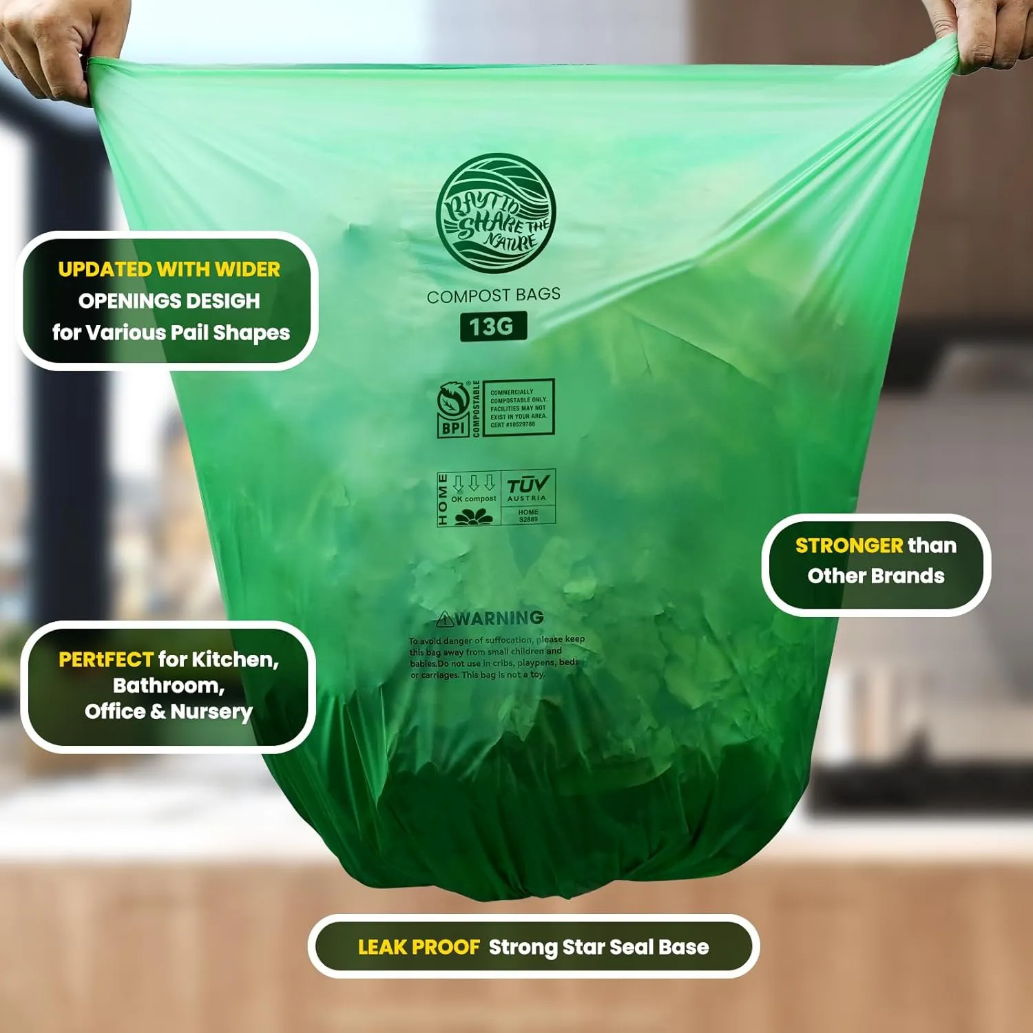 RAYTID 13   Gallon Compostable Trash Bags,70 Count, Extra Thick 1.1 Mil, Tall Kitchen Food Scrap Waste Bag, ASTM D6400, US BPI and OK Compost Home Certified