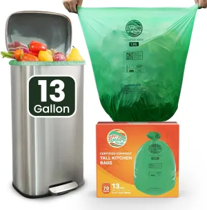 RAYTID 13   Gallon Compostable Trash Bags,70 Count, Extra Thick 1.1 Mil, Tall Kitchen Food Scrap Waste Bag, ASTM D6400, US BPI and OK Compost Home Certified