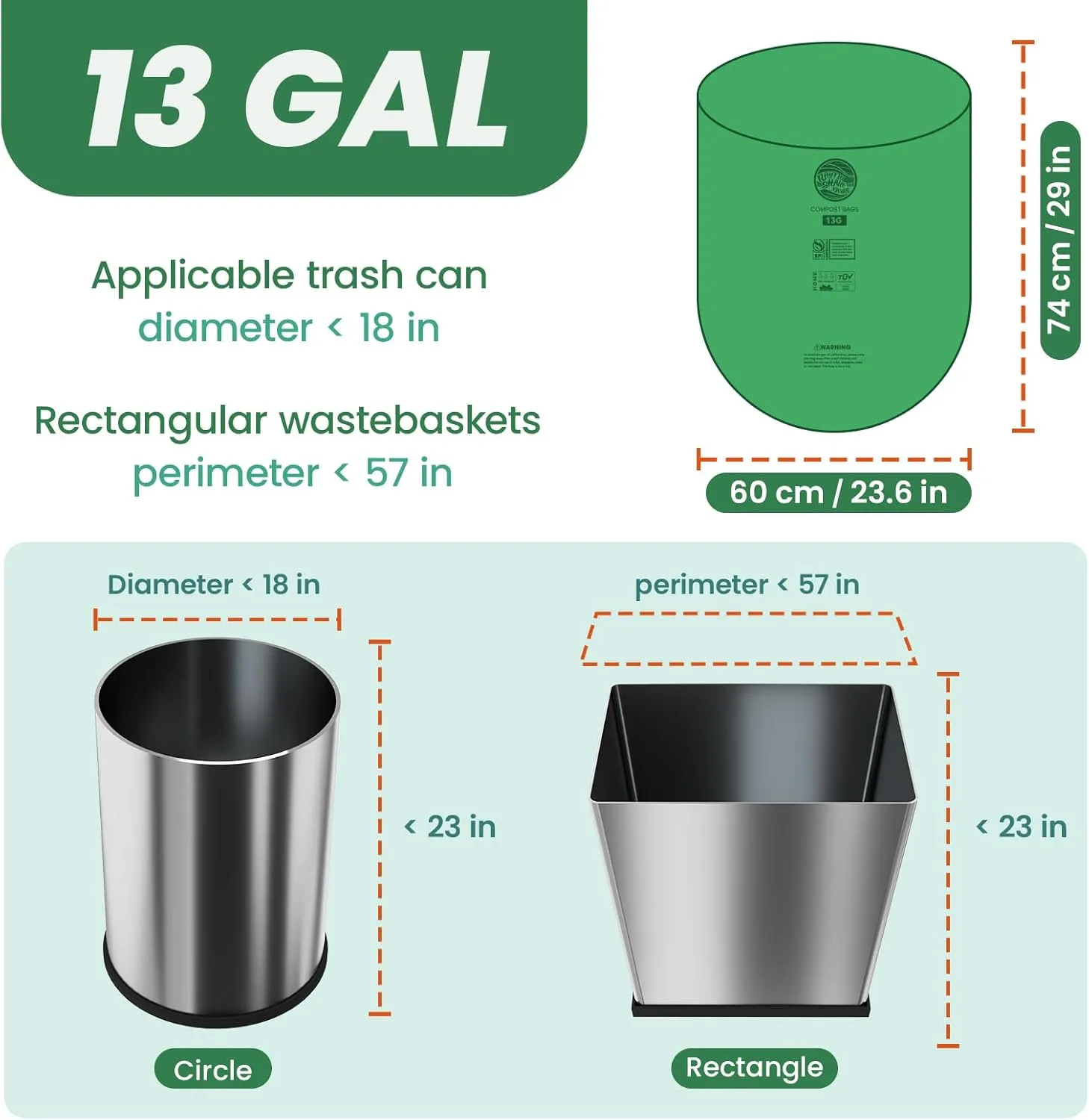 RAYTID 13   Gallon Compostable Trash Bags,70 Count, Extra Thick 1.1 Mil, Tall Kitchen Food Scrap Waste Bag, ASTM D6400, US BPI and OK Compost Home Certified