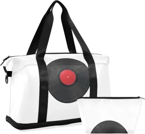 Realistic Vinyl Record CD Player Texture Black Red Pattern Gym Duffel Bag, Polyester Travel Weekender Luggage Handbag with Waterproof Pocket for Wet Items, Unisex Foldable Tote for Sports