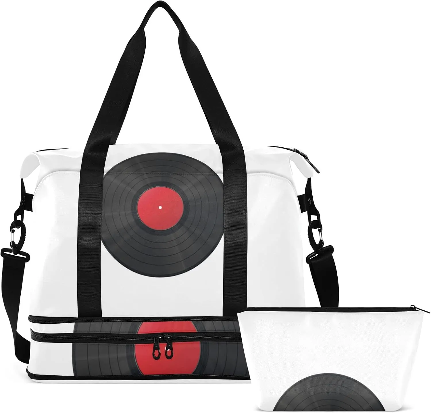 Realistic Vinyl Record CD Player Texture Black Red Pattern Gym Duffel Bag, Polyester Travel Weekender Luggage Handbag with Waterproof Pocket for Wet Items, Unisex Foldable Tote for Sports