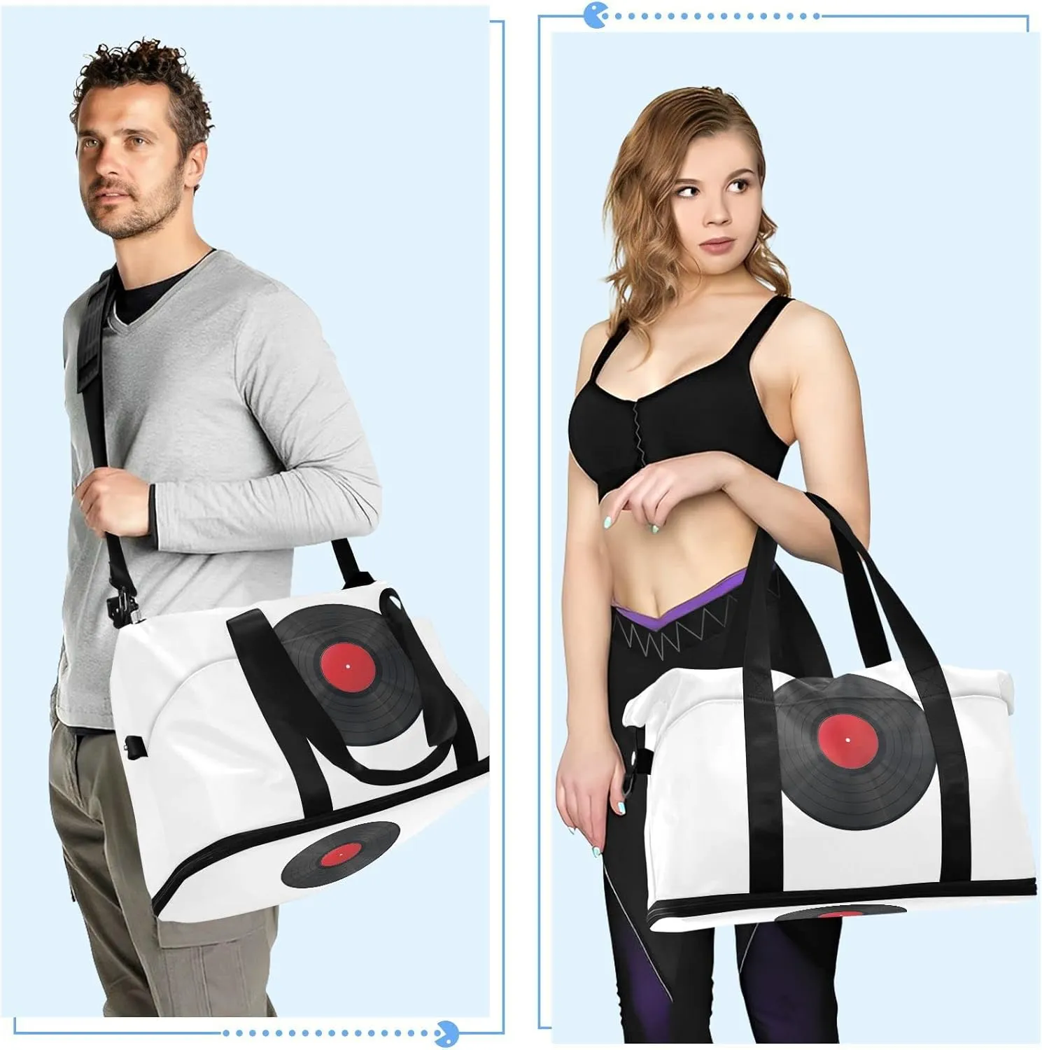 Realistic Vinyl Record CD Player Texture Black Red Pattern Gym Duffel Bag, Polyester Travel Weekender Luggage Handbag with Waterproof Pocket for Wet Items, Unisex Foldable Tote for Sports