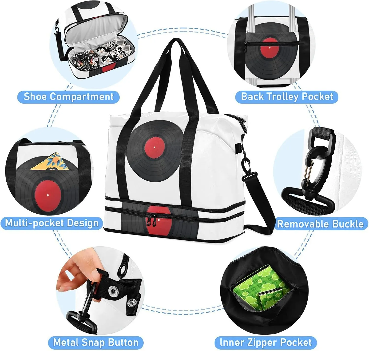 Realistic Vinyl Record CD Player Texture Black Red Pattern Gym Duffel Bag, Polyester Travel Weekender Luggage Handbag with Waterproof Pocket for Wet Items, Unisex Foldable Tote for Sports