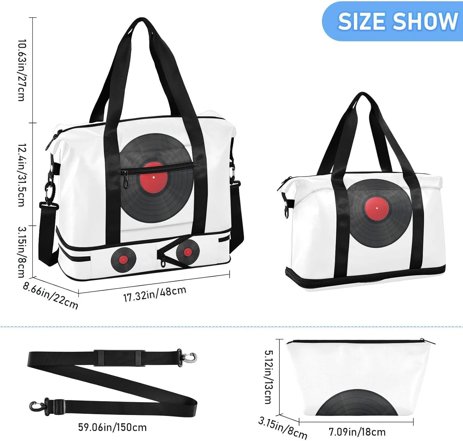 Realistic Vinyl Record CD Player Texture Black Red Pattern Gym Duffel Bag, Polyester Travel Weekender Luggage Handbag with Waterproof Pocket for Wet Items, Unisex Foldable Tote for Sports