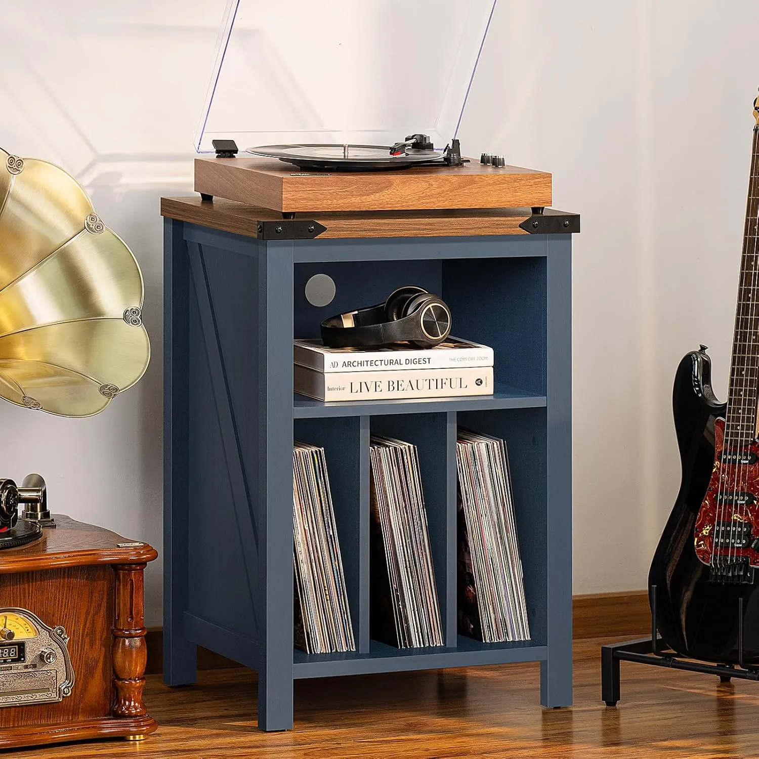 Record Player Stand with Vinyl Record Storage,Navy Blue Record Player Table Holds up to 160 Albums,Large Wood Turntable Stand Cabinet Dispaly Shelf for Living Room,Bedroom,Office