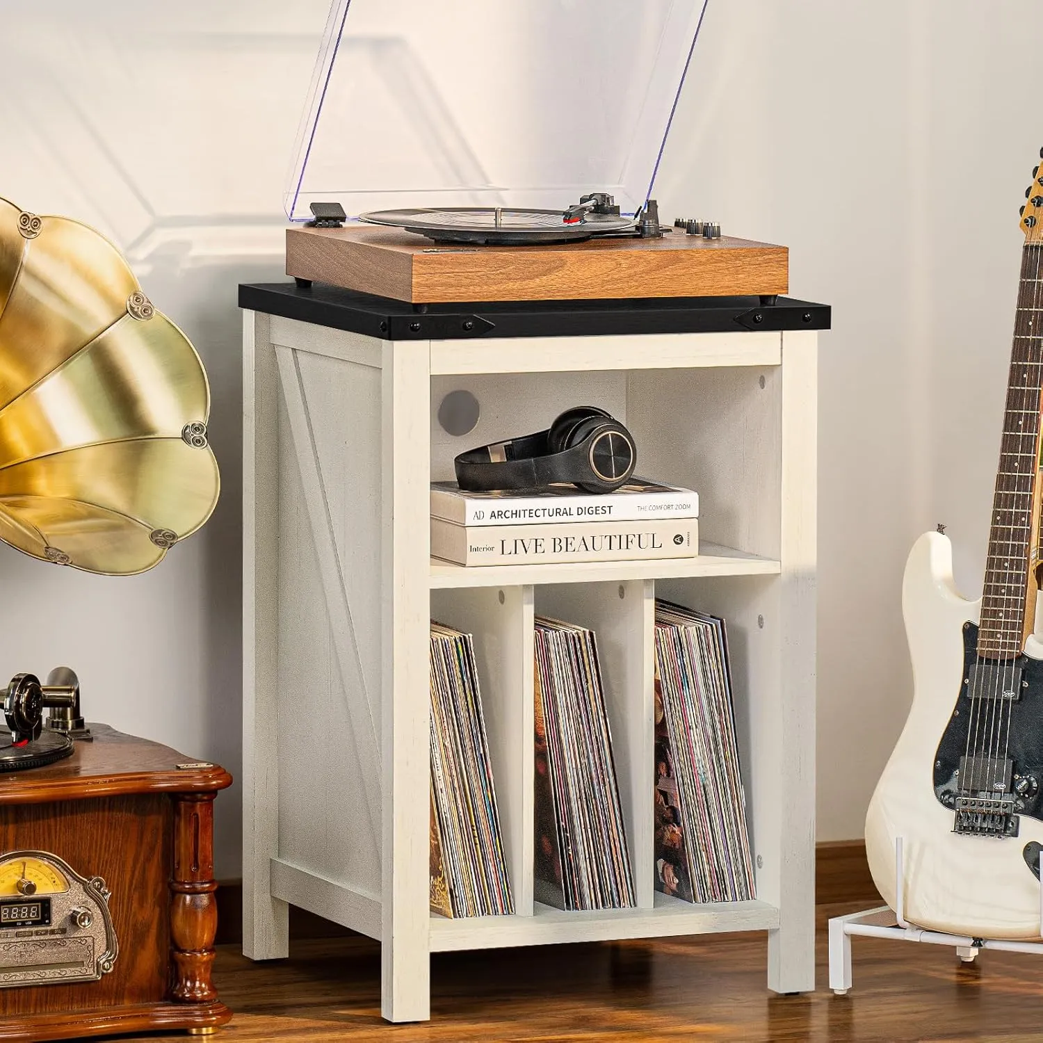 Record Player Stand with Vinyl Record Storage,White Record Player Table Holds up to 160 Albums,Large Wood Turntable Stand Cabinet Dispaly Shelf for Living Room,Bedroom,Office