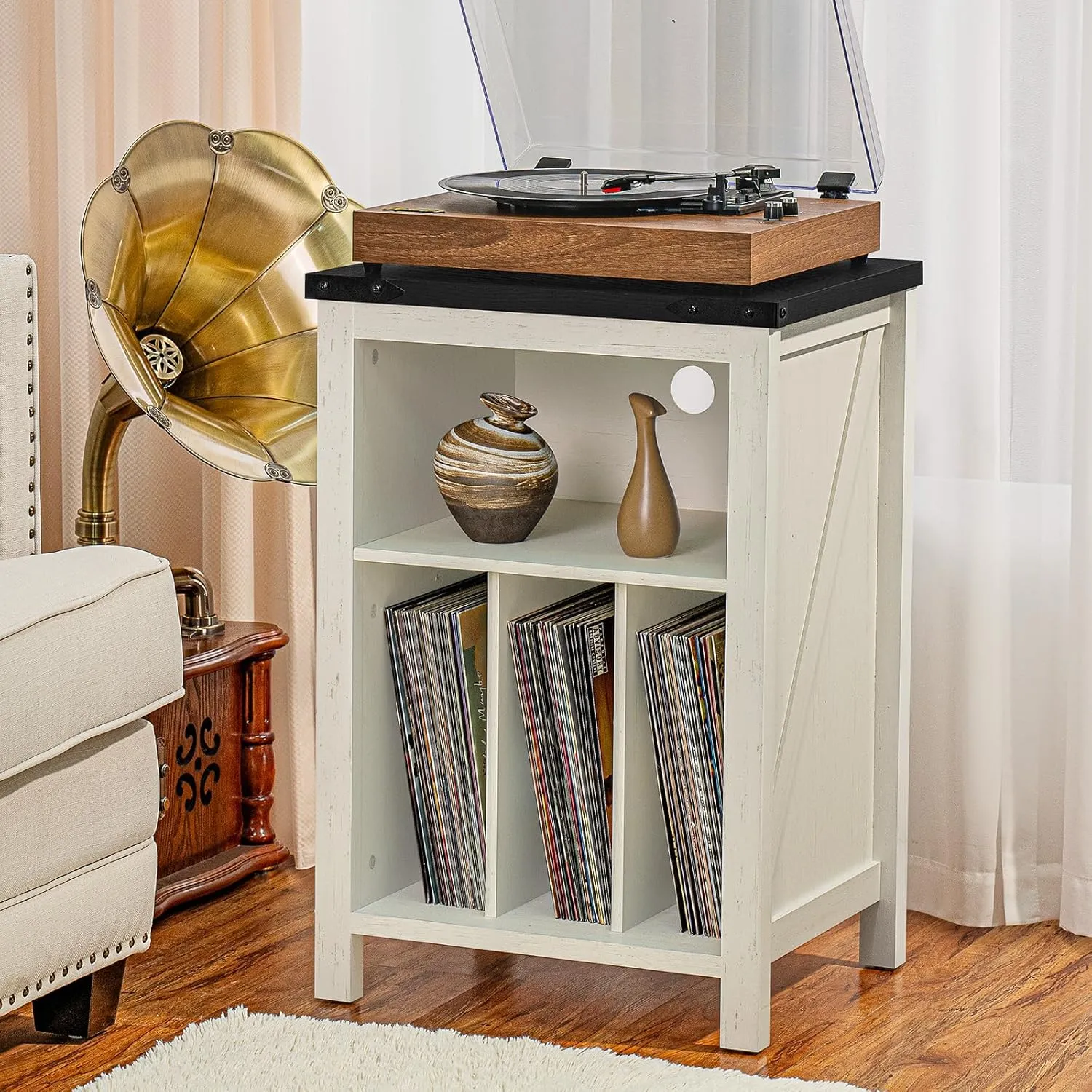 Record Player Stand with Vinyl Record Storage,White Record Player Table Holds up to 160 Albums,Large Wood Turntable Stand Cabinet Dispaly Shelf for Living Room,Bedroom,Office