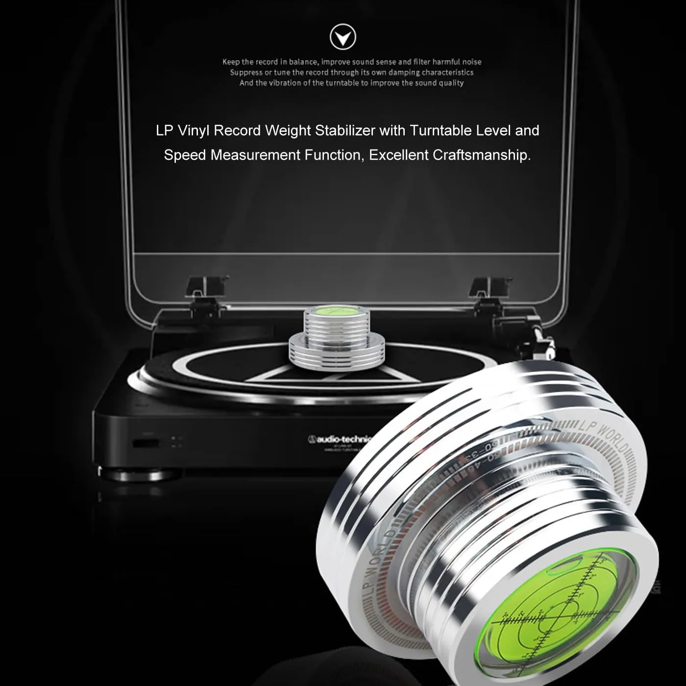 Record Weight Stabilizer, HiFi Turntable Level 50Hz LP Weight Phono Disc Stabilizer, 3 in 1 Strobe Scale 45RPM Record Puck Vinyl Record Clamp with Bubble Level for Phonograph Record Players