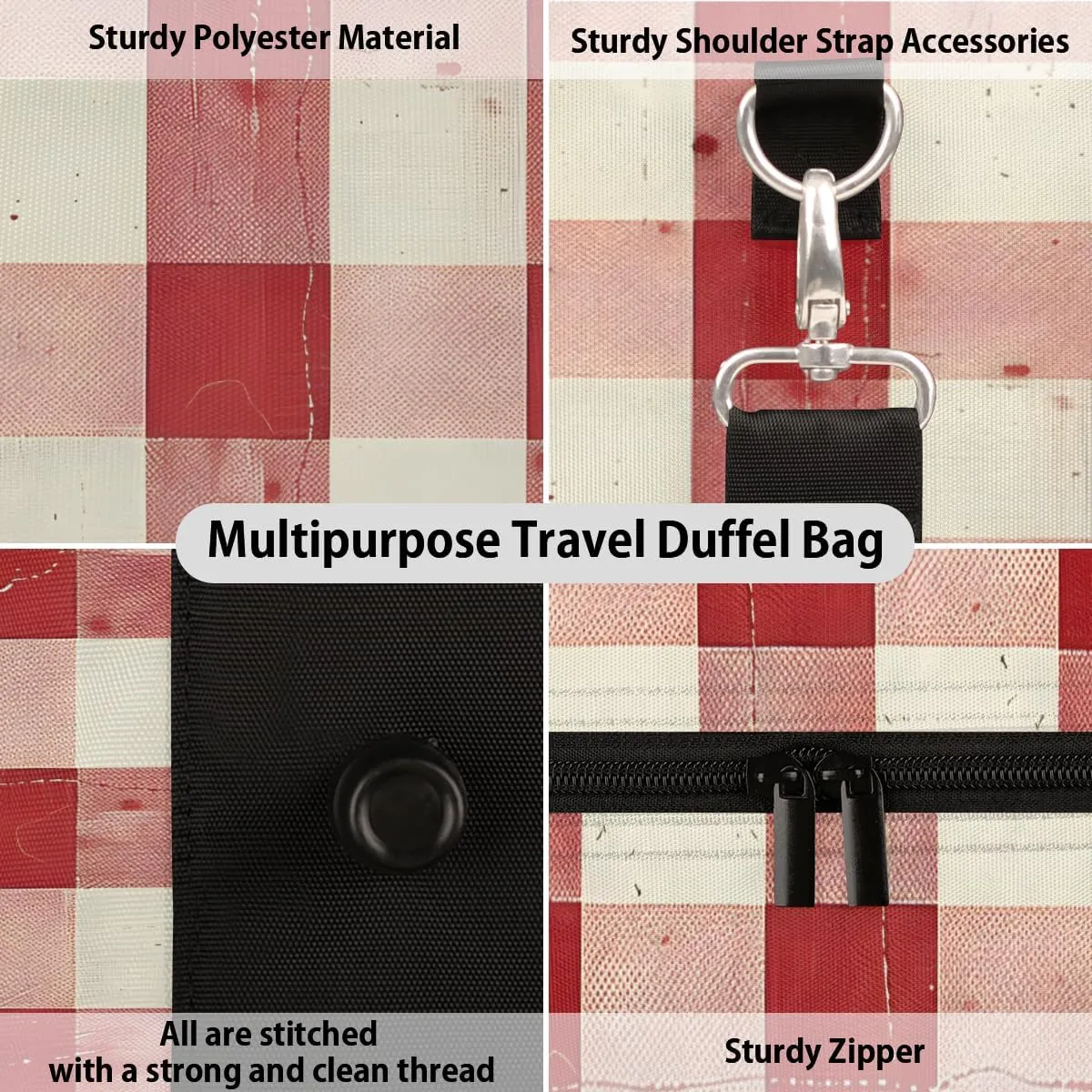 Red Buffalo Check Travel Duffle Bag for Women Men Gym Duffel Foldable Bag Waterproof Weekender Rustic Christmas Plaid Duffle Tote